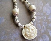 Pearly Full Moon Face Polymer Clay Pendant Necklace