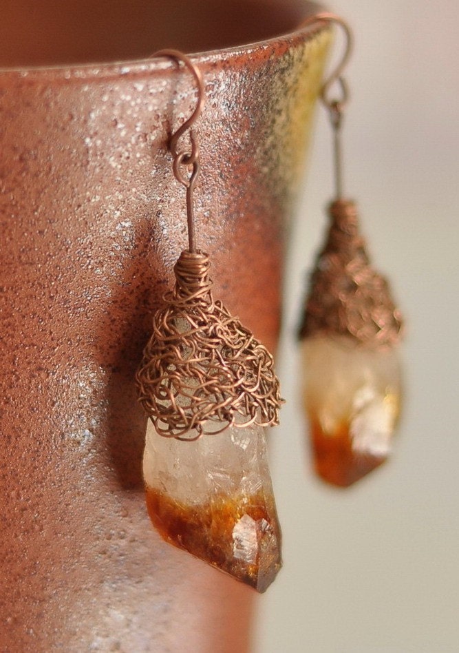 Earrings - genuine rough citrine crystal nuggets in crocheted antiqued copper caps - Sugar With Rum