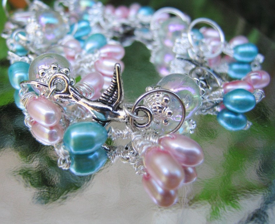 Birds and Pearls Silver Charm Bracelet