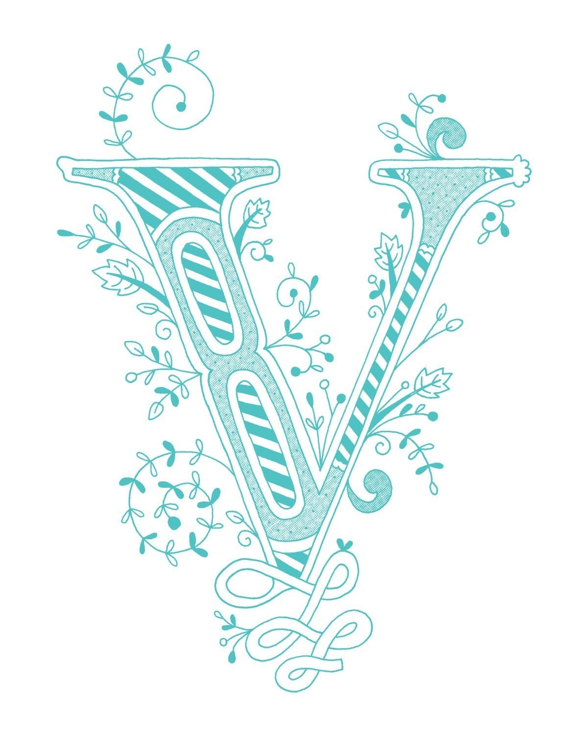 Hand drawn monogrammed print, 8x10, the Letter V, in the color blue