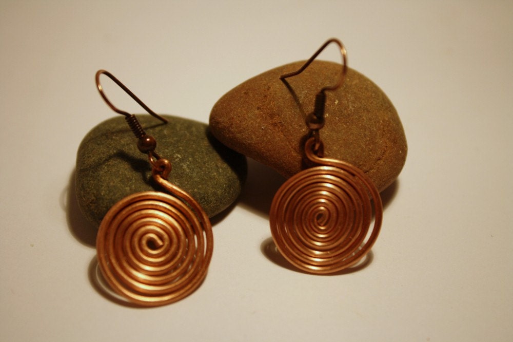 Recycled copper swirl earrings, 8/10 inch