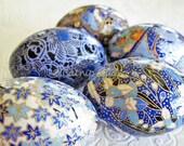Bright Blue Origami Decoupage Easter Eggs home decor white gold black floral maple leaves