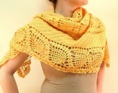 Summer Sale - Romantic Yellow Pineapple Crocheted Triangle Shawl  Scarf Mohair Elegant