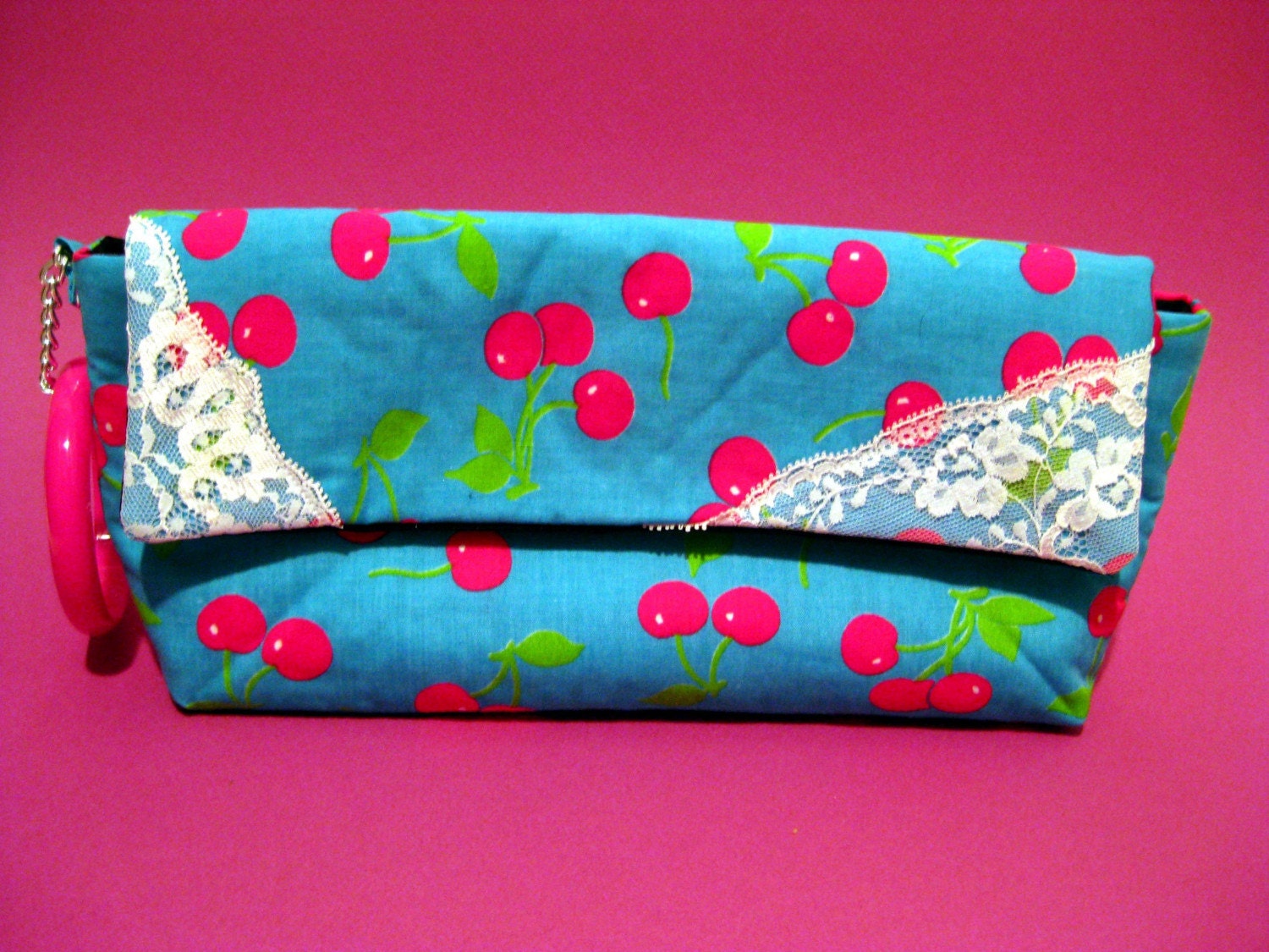 SALE Bright Cherry Print and Lace "AA" Wristlet