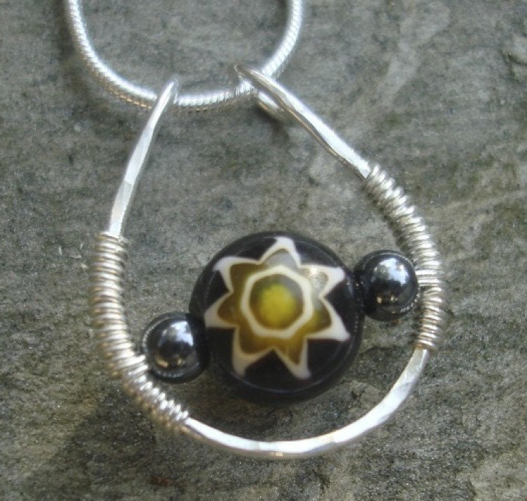 Sterling Silver Hammered Pendant Millefiori Sun on Sterling Chain Necklace