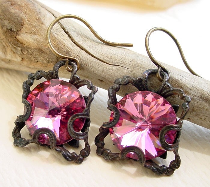 Swarovski Pink Earrings - Brass and Rose Rivoli Glass