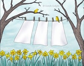 spring clean - signed fine art print 8X10 inches by Sarah Knight, laundry art daffodils birds