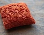 Linen  pincushion - crochet motif