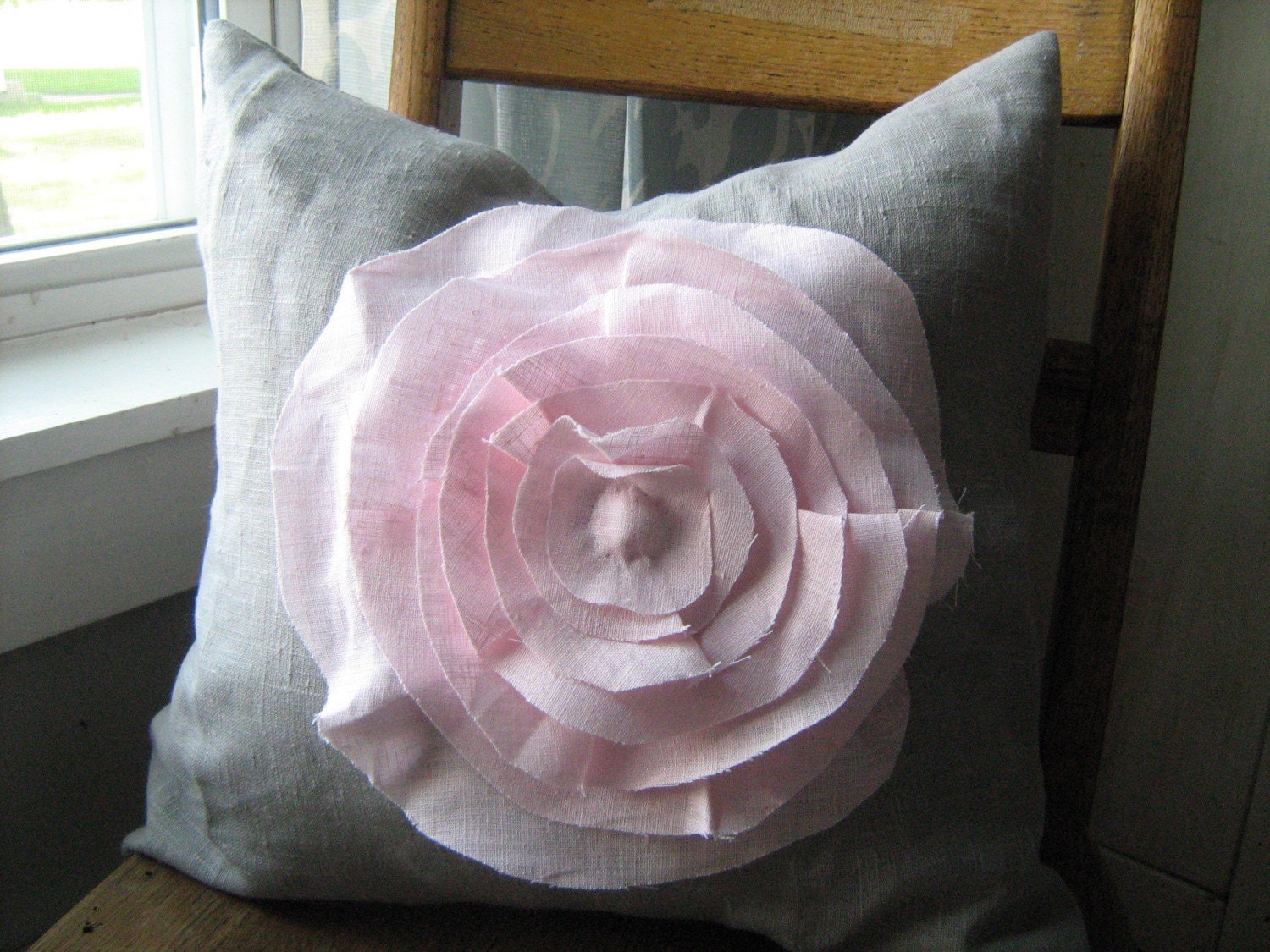 French Rose Linen Pillow- in Cement Gray and Pink