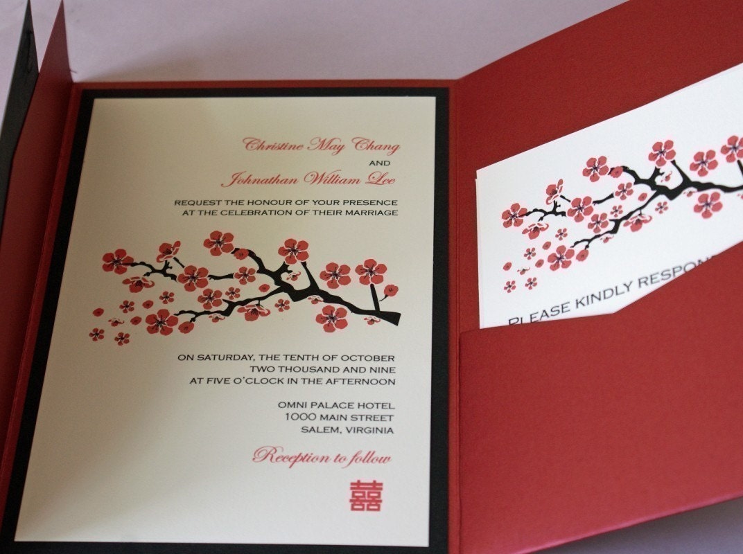 Red Cherry Blossom Pocketfold Wedding Invitation (Sample Only)