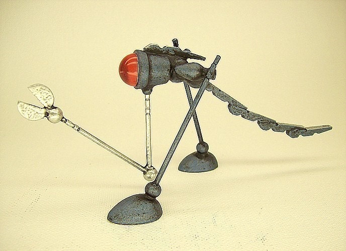 Blue Snipper Robotosaurus Wood Retro Robot Miniature Statue with Tail