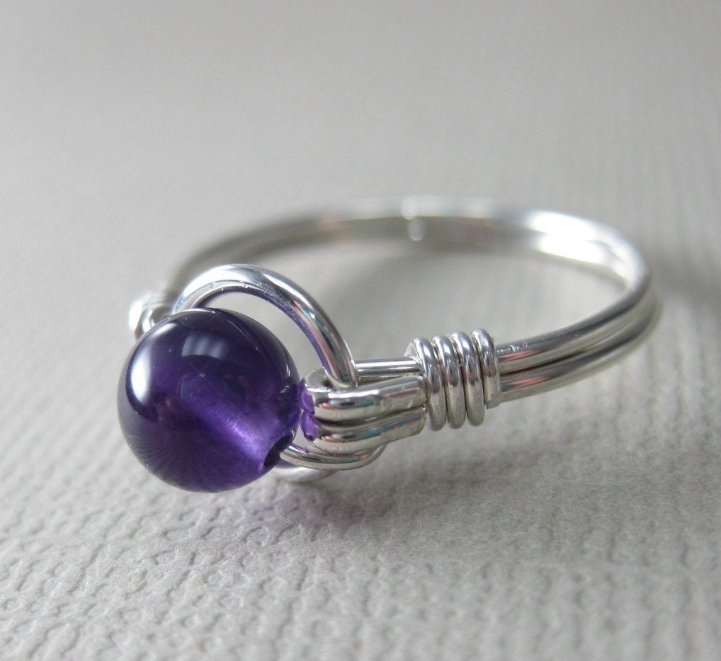 Amethyst Ring Wire Wrapped Sterling Silver O Loop