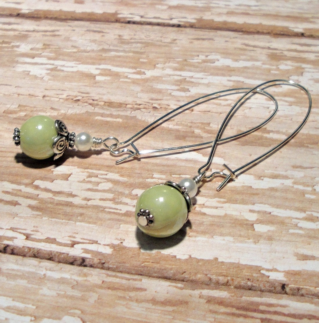 Long Silver Earrings - Honey Dew Melon Green & Pearl