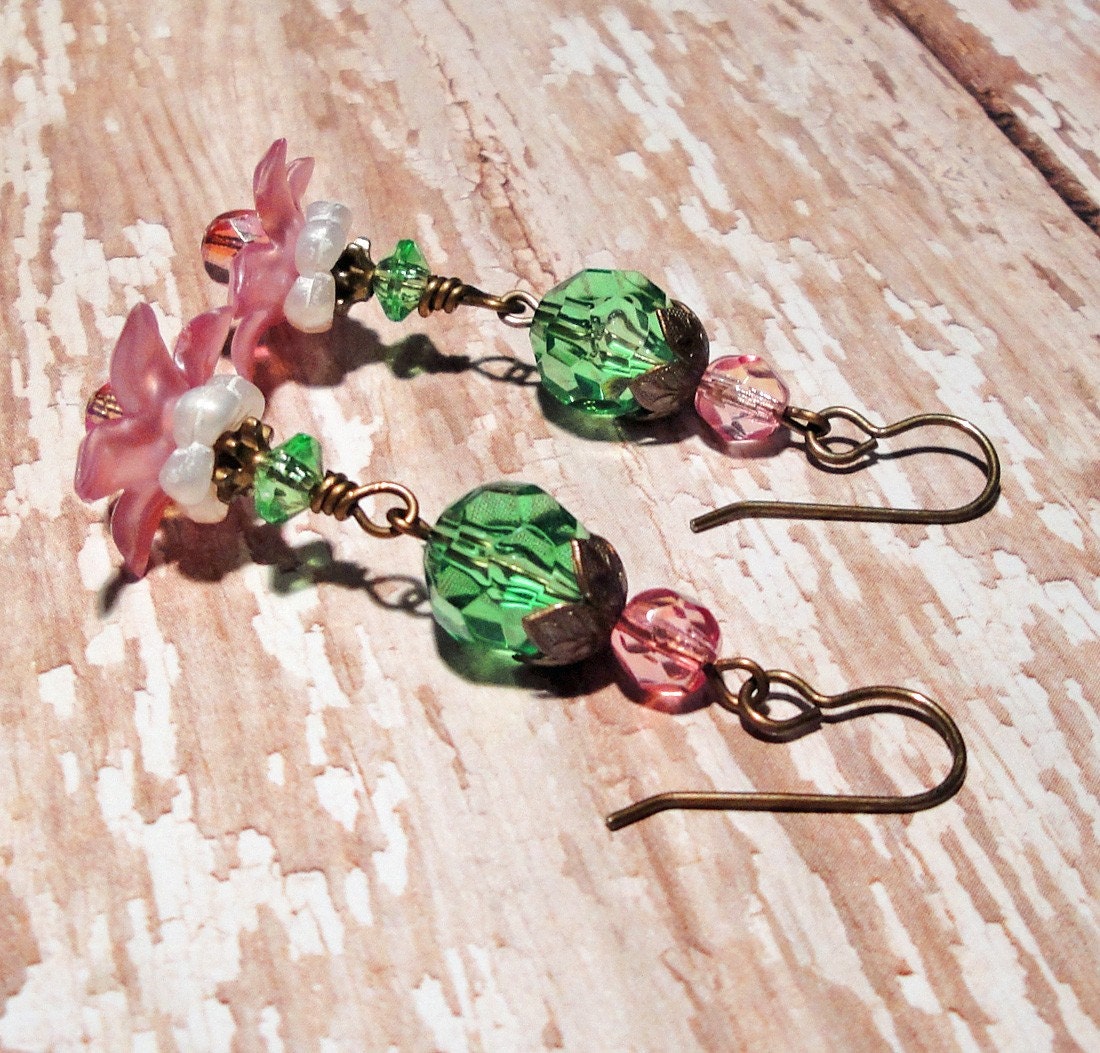 Antique Brass Earrings - Pink & Green Crystal with Flower Petals