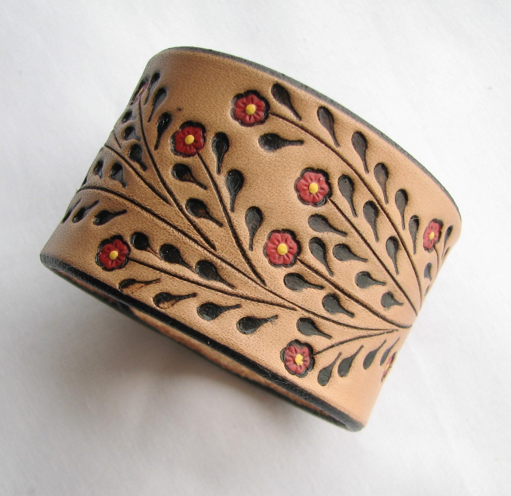 Little Red Flowers on a Wide Leather Cuff