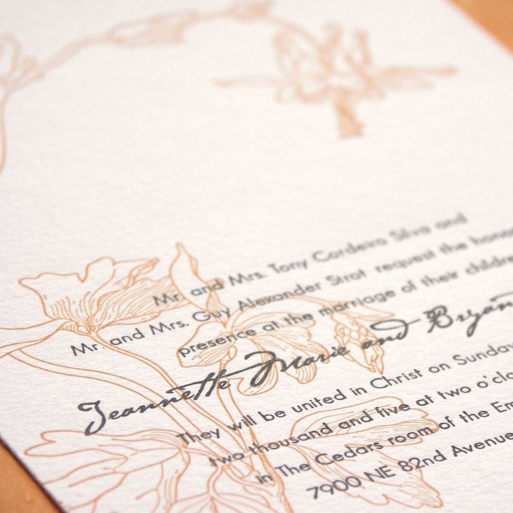 Columbine - Letterpress Wedding Invitation - mango/cocoa on pearl