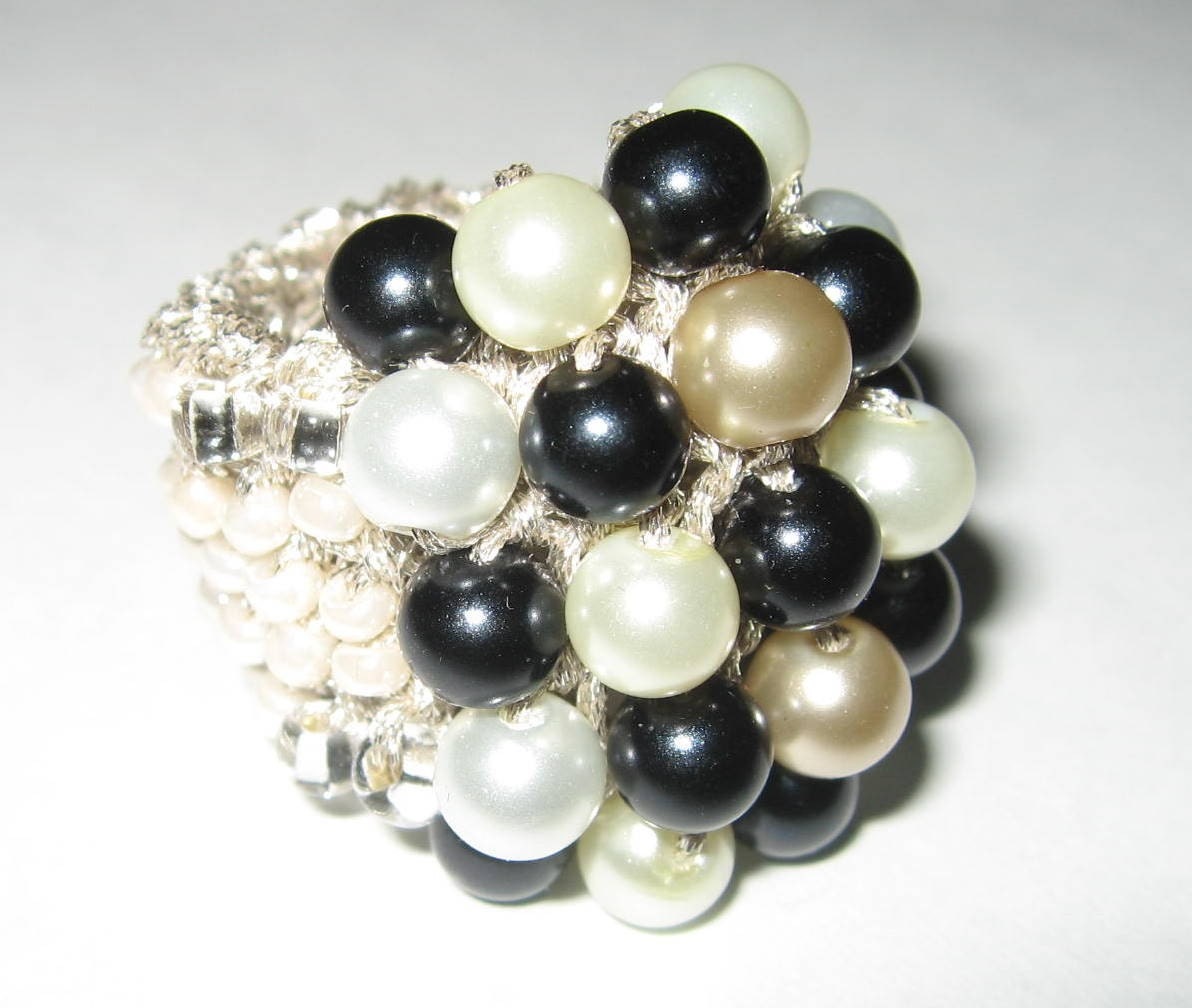 Chunky Cocktail Hand Knit Ring - Adjustable - Black, White, White Pearl