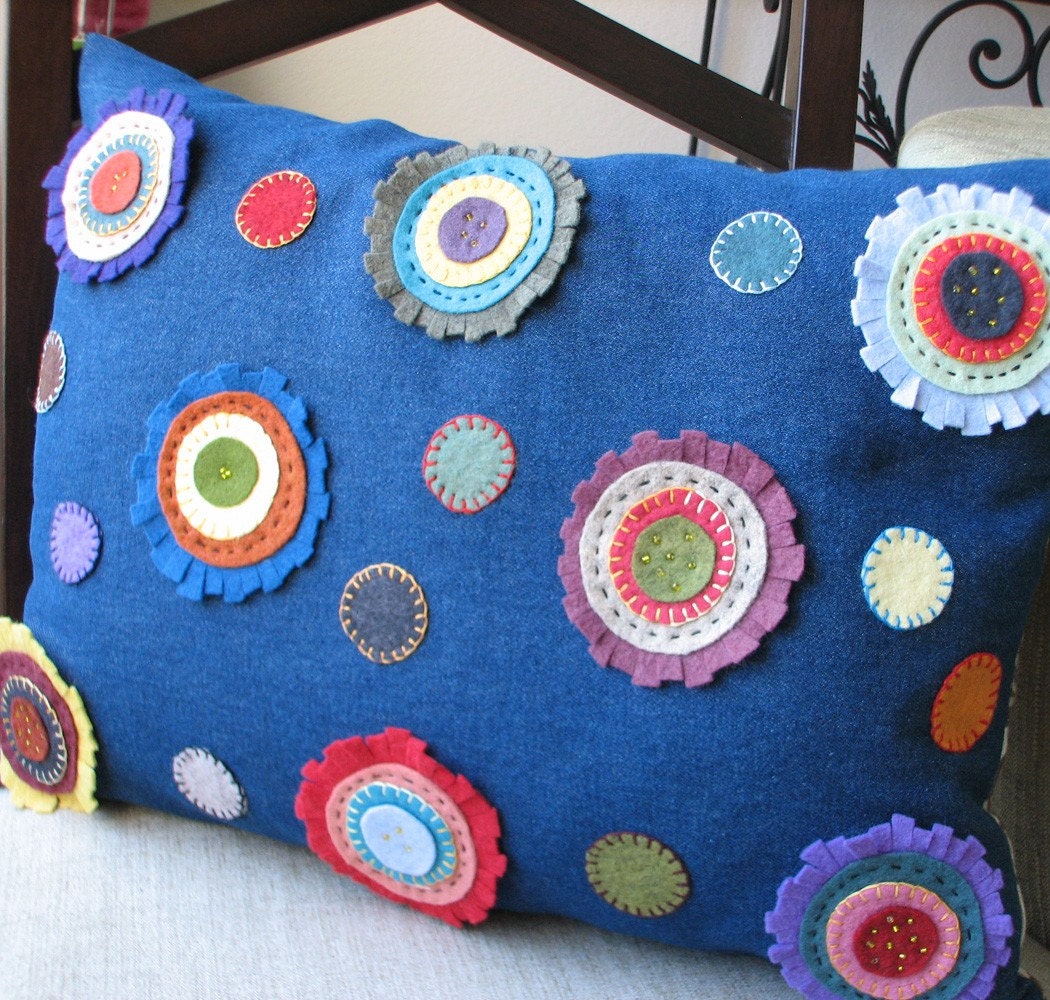 Handmade Wool Felt Flowers on Denim -- Charming Folk Art Pillow, cushion, accent pillow, embroidery, beads, shabby chic