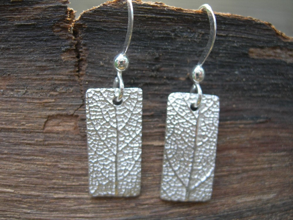 Rectangular sage leaf patterned silver earrings