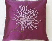 Chrysanthemum cushion cover -purple with lilac embroidery 18X18 inch decorative pillow