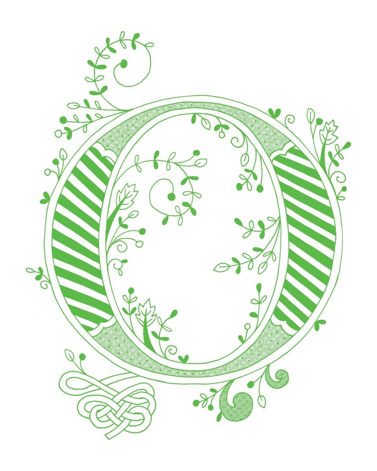 Hand drawn monogrammed print, 8x10, the Letter O, in the color green