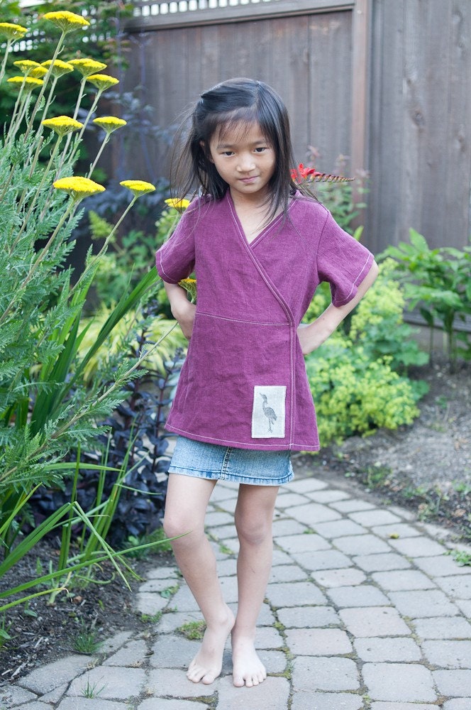 jacket/top linen Aline wrap block print (6/7/8 raspberry w/heron) LAST ONE