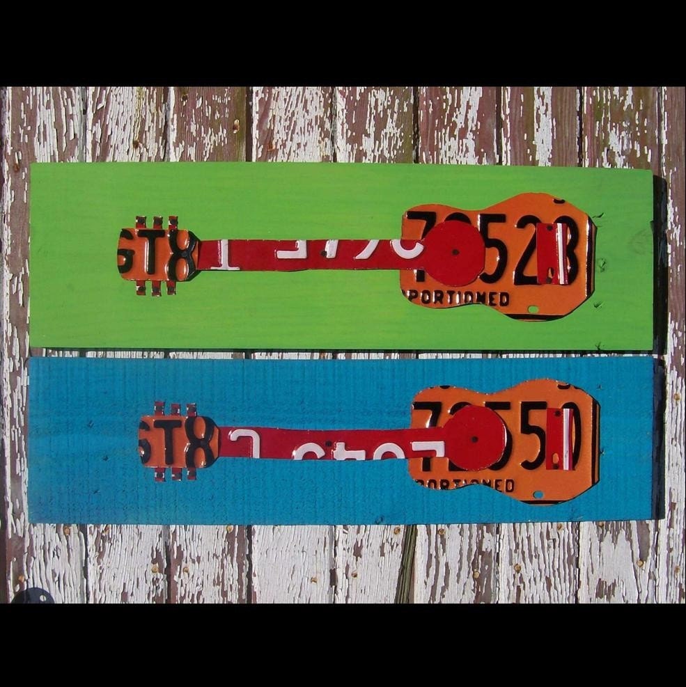 License Plate Art - Funky Music Guitar Rock and Roll On - Recycled Art Company - Salvaged Wood - Upcycled Artwork