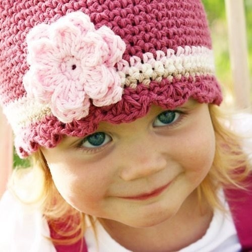 2 to 4T CandyStripe Flapper Beanie - dark rose, pastel pink, vanilla, sand