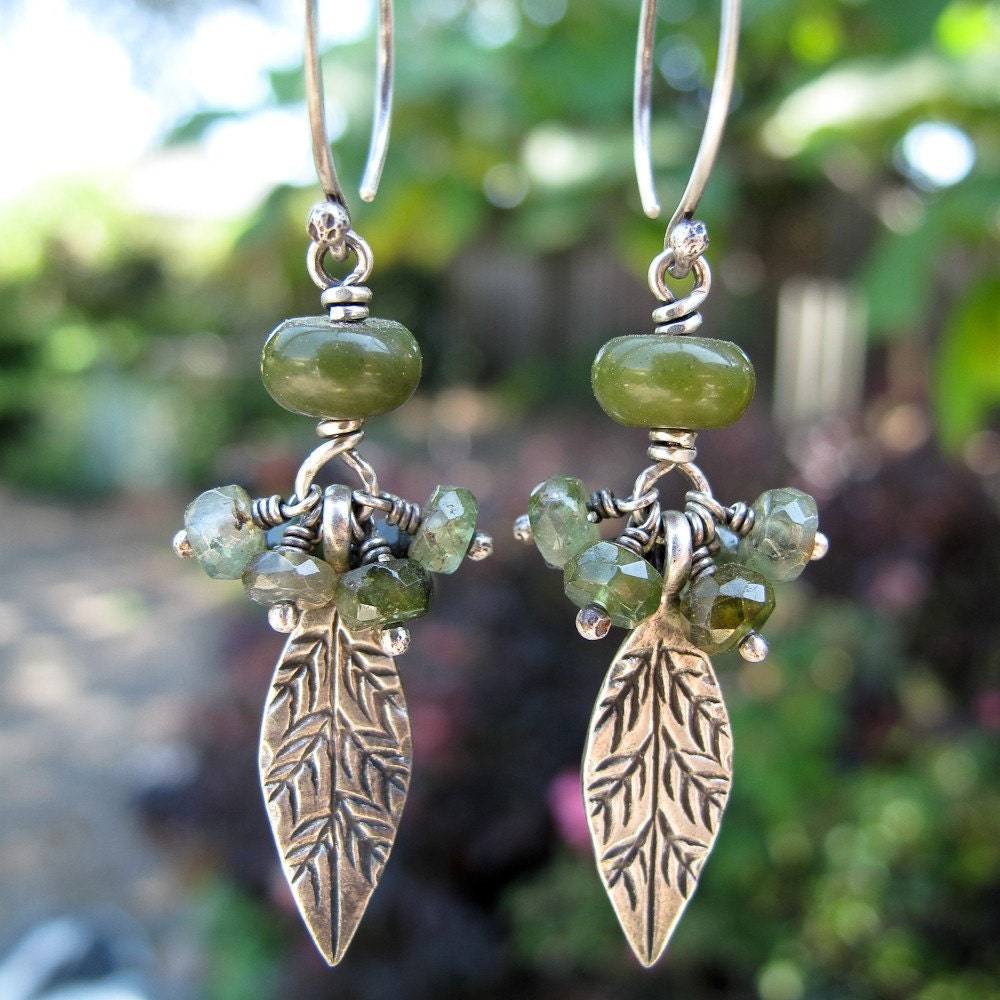 Shades of Green Silver and Jade Earrings