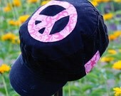 Girls Military Style Hat with Pink Floral Print Peace Symbol