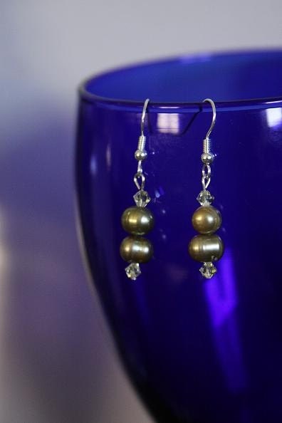 Green Freshwater Pearl Earrings with Yellow Swarovski Crystals