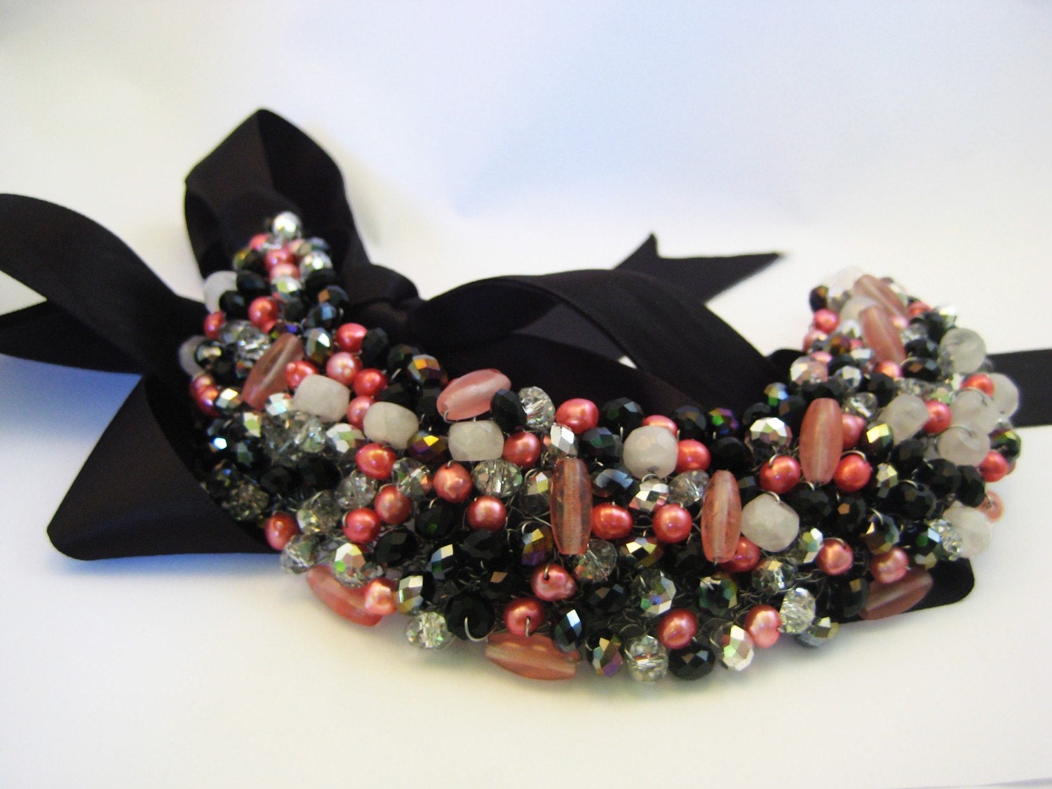 PInk Silver n Black Bib Necklace