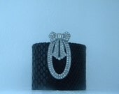 Black Snakeskin Leather with Vintage Art Deco Bow Rhinestone Clip Cuff Bracelet