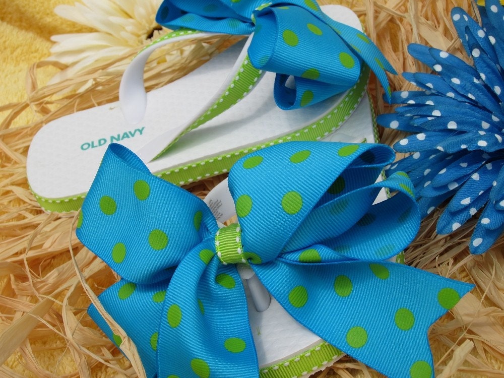 Blue and Green Dot Ribbon Flip Flops