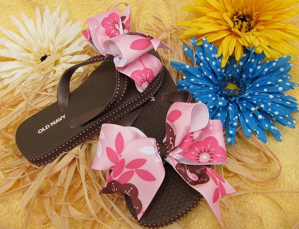Brown and Pink Ribbon Flip Flops