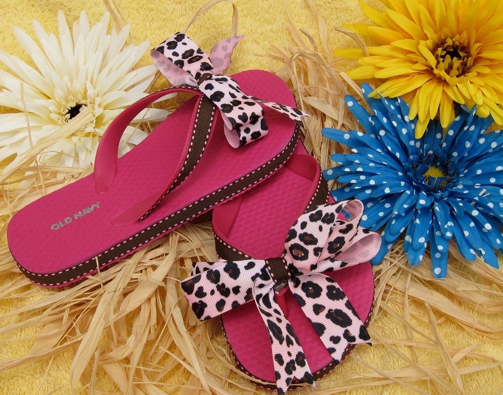 Hot Pink Cheetah Ribbon Flip Flops