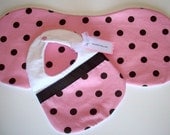Divababies-Pink with Brown Polka Dots Pattern Bib with Ribbon and Matching Burp Cloth Set