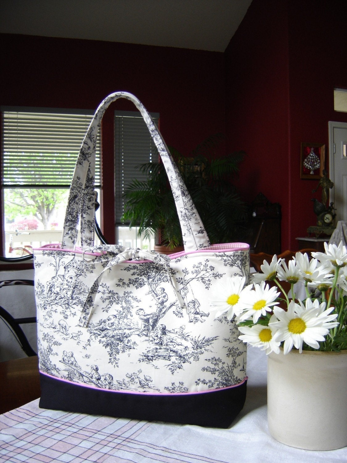 French Black and Cream Toile Fashion Diaper Tote Bag