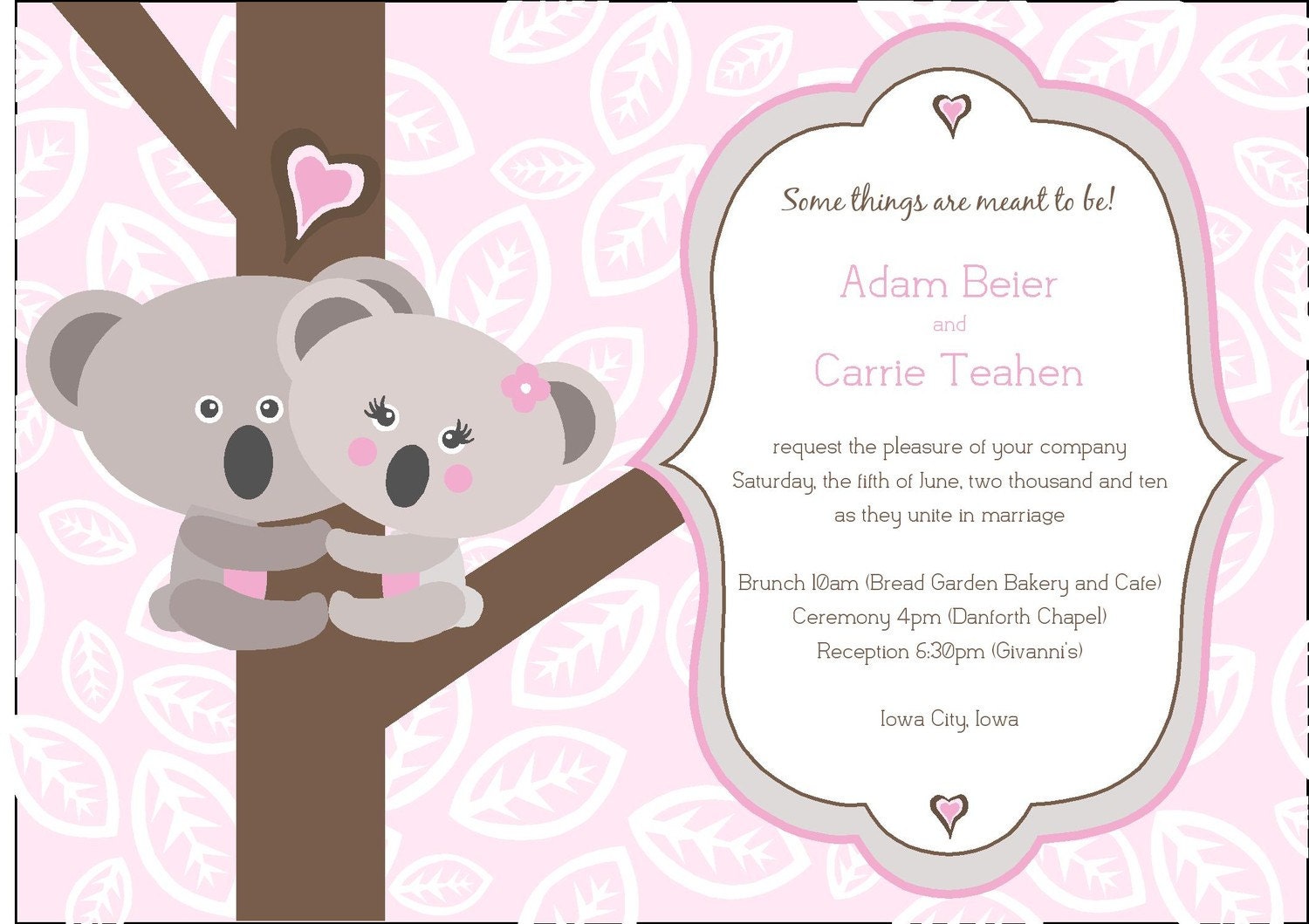 Fun NonTraditional Gray Pink Brown Koala Bride and Groom Couple Wedding Invitation