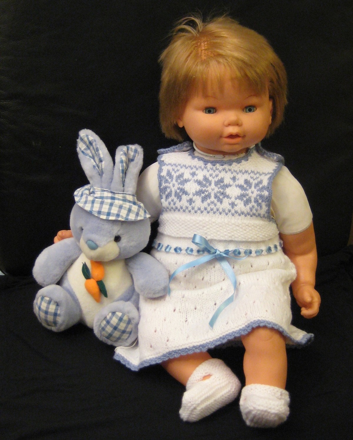 White Handmade Knit overall dress and shoes/booties set, sz 3-9 months