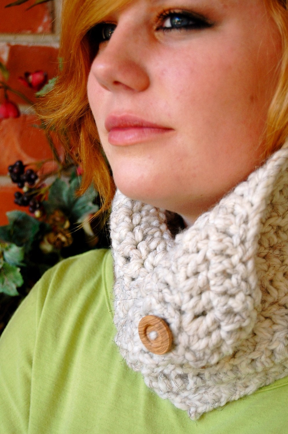 Wheat Neck Warmer/ Cowl with Wooden Buttons