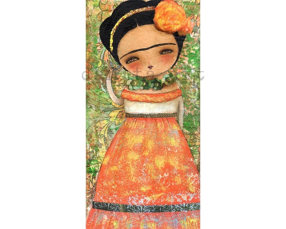 THE VISITOR (FRIDA KAHLO) - Print from Original Mixed Media Frida Kahlo Naif Collage Painting By Danita
