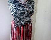Hand Knit Black and White Fringe Scarf with Contrasting Red