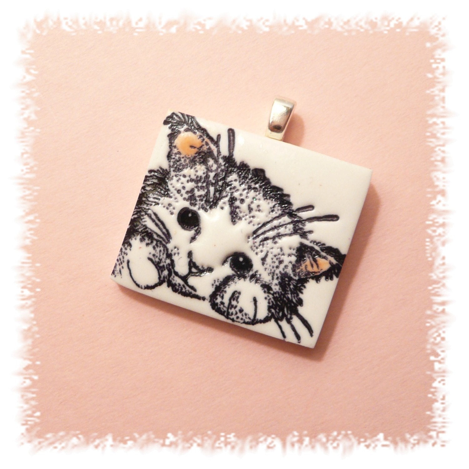 Cat Pendant pink and white kitty - hand crafted polymer clay jewelry