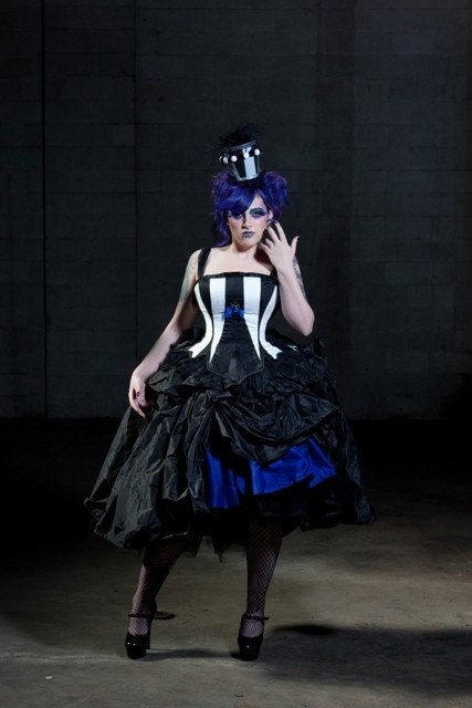 Beetle Juice Wedding Dress Black and White Silk with Dark Blue Accents-Custom to your size