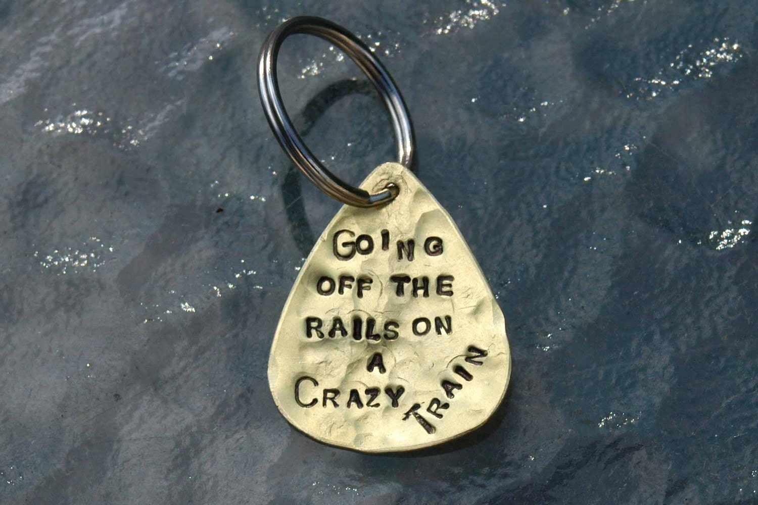 Hand Stamped Brass Guitar Pick Keyring - Going Off The Rails On A Crazy Train - Ozzy Osbourne By Inspired Jewelry Designs