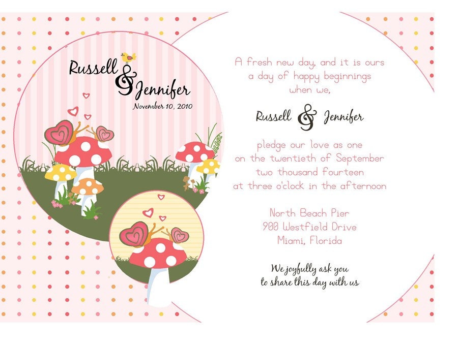 Fun NonTraditional Pink Watermelon Yellow Orange Mushroom Woodland Bird Snail Bride and Groom Couple Wedding Invitation