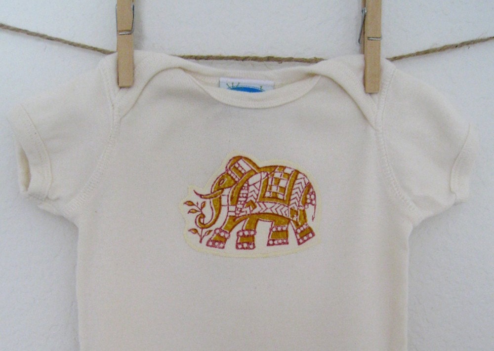 Hand-printed elephant organic onesie