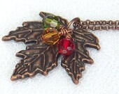 Antiqued Copper Maple Leaf Necklace With Topaz, Olive Green And Red Swarovski Crystals