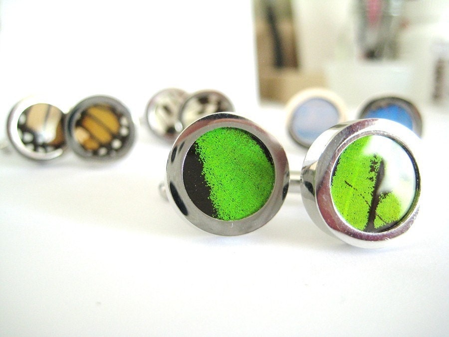 Real Butterfly Wing CuffLinks - fly away with me, emerald green